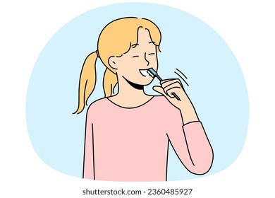 Smiling girl brushing teeth take care of oral hygiene. Happy child morning daily routine clean tooth. Healthcare and childcare. Vector illustration.