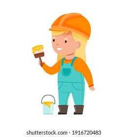 Smiling Girl Builder in Hard Hat and Overall Holding Brush and Painting Wall Vector Illustration