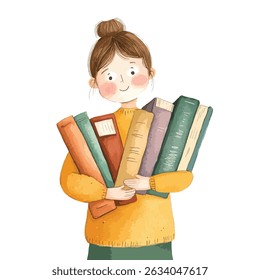 A smiling girl with a bun holds a large stack of diversely colored books close to her chest.