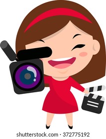 Smiling girl with camera and clapperboard wearing red dress and headband