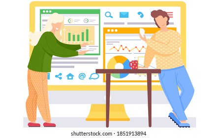 Smiling girl with cards in her hands. Happy couple is playing a game. Man thinks over the next move. Office work management . Statistics and anatytics. Monitor with the image of statistical data