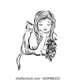 Smiling girl caresses with cat. Coloring page. Black and white silhouette. 