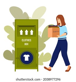 A smiling girl carries a cardboard box with old things. Female character near big clothing donation container. Clothes recycling concept. Social care and charity design. Vector illustration