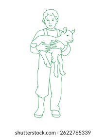 Smiling girl carrying baby goat outdoors