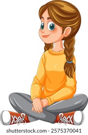 Smiling girl in casual attire, sitting cross-legged