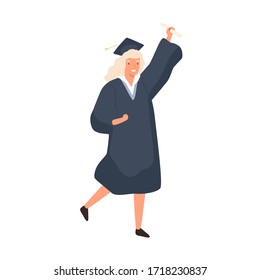 Smiling girl celebrating graduation isolated on white background. Young woman dressed in robe and cap. Happy graduated student holding diploma. Vector illustration in flat cartoon style