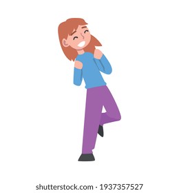 Smiling Girl Celebrating Victory, Expressing Succes or Having Fun, Positive Emotions Concept Cartoon Vector Illustration