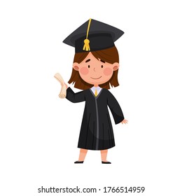 Smiling Girl Character in Academic Gown and Square Cap Delighted with Graduation Ceremony Vector Illustration