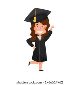 Smiling Girl Character in Academic Gown and Square Cap Delighted with Graduation Ceremony Vector Illustration