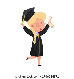 Smiling Girl Character in Academic Gown and Square Cap Delighted with Graduation Ceremony Vector Illustration