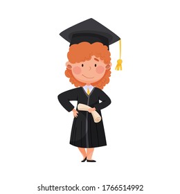 Smiling Girl Character in Academic Gown and Square Cap Delighted with Graduation Ceremony Vector Illustration