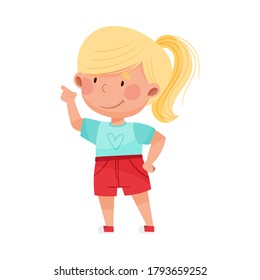 Smiling Girl Character with Blonde Hair Pointing at Something with Her First Finger Vector Illustration