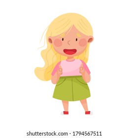 Smiling Girl Character with Blonde Hair Pointing at Something with Her First Finger Vector Illustration