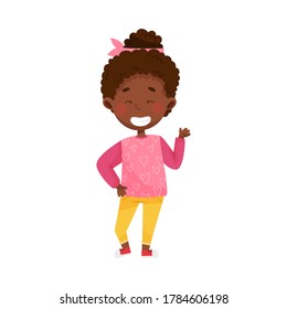 Smiling Girl Character Greeting Waving Hand and Saying Hi Vector Illustration