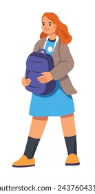 Smiling girl character holding backpack. Isolated cartoon personage wearing uniform with rucksack. Development and improvement of skills. Educational facility education process. Vector in flat style