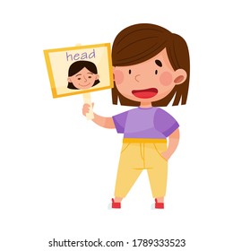 Smiling Girl Character Holding Flashcard with Head Image Vector Illustration