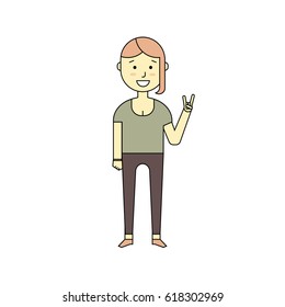 Smiling girl character with long forelock, minimalism cartoon flat style, vector art illustration. Standing hipster girl with Rocker gesture
