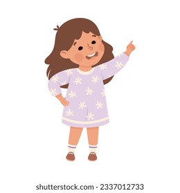 Smiling Girl Character Pointing Up at Something with Her Finger Vector Illustration