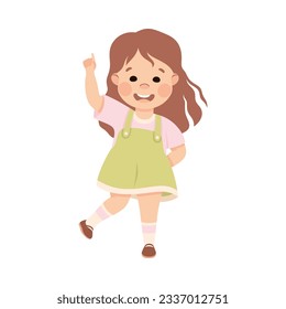 Smiling Girl Character Pointing at Something with Her Finger Vector Illustration