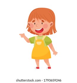 Smiling Girl Character with Red Hair Pointing at Something with Her First Finger Vector Illustration