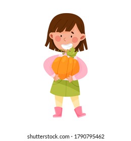 Smiling Girl Character in Rubber Boots Walking with Pumpkin in Her Arms Vector Illustration