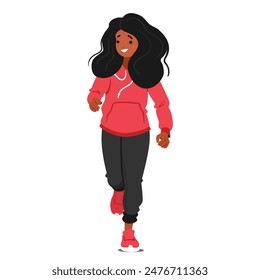 Smiling Girl Character Running In Hoodie And Pants Front View. Vector Illustration Portrays Fitness, Health And Happiness As The Girl Enjoys Her Run. Concept Of Youth, Exercise, And Positive Energy