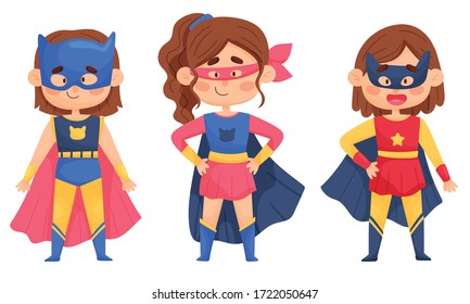 Smiling Girl Character in Superhero Costume and Cloak Standing Ready to Save the World Vector Illustrations Set