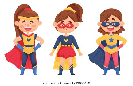 Smiling Girl Character in Superhero Costume and Cloak Standing Ready to Save the World Vector Illustrations Set