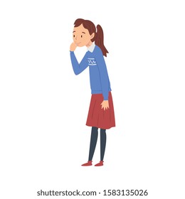 Smiling Girl Character Wearing Skirt and Blue Sweater Vector Illustration on White Background.