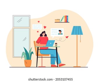 Smiling girl chatting online at dating website on computer. Woman using laptop searching love on internet, communicating with romantic partner or boyfriend. Flat vector illustration.