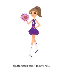 Smiling girl cheerleader in violet costume with pompons vector illustration