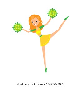 Smiling girl cheerleader in yellow costume with pompons vector illustration