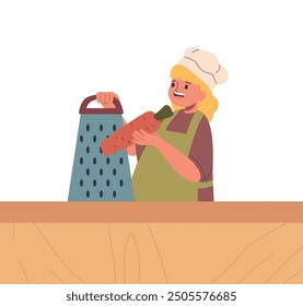 Smiling Girl In Chef Hat And Apron Grating Carrot On Kitchen Counter Engaging In Fun Cooking Activity Learning Culinary
