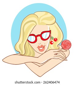 Smiling girl with cherries and candy. Vector illustration