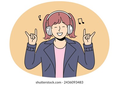 Smiling girl child listen to music in wireless headphones make rock n roll gesture. Excited kid in earphones have fun enjoying rock songs. Vector illustration.