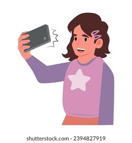 Smiling girl child make self-portrait picture on smartphone. Happy kid have fun taking selfie on cellphone. Children and technology. Vector illustration.