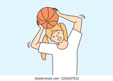 Smiling girl child play basketball on playground. Happy active kid have fun enjoy game with ball outdoors. Children and physical activity. Vector illustration. 