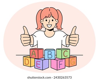 Smiling girl child play with colorful blocks with letters show thumb up. Happy kid learning with bricks recommend educational course. Vector illustration.