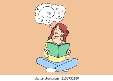 Smiling Girl Child Reading Book Imagining Future In Her Head. Happy Cute Teen Kid Enjoy Story Or Literature Visualize Or Daydream. Children Imagination World. Vector Illustration. 