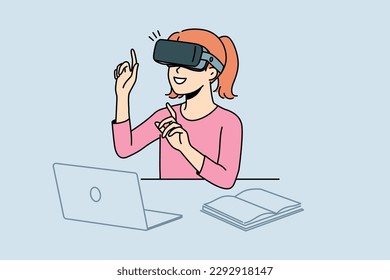 Niña sonriente sentada en el escritorio estudiando con gafas de VR. Niño feliz con audífonos de realidad virtual usa estimulador para aprender. Educación y tecnología. Ilustración vectorial. 