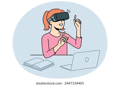 Smiling girl child sit at desk studying with VR glasses. Happy kid in virtual reality headset use stimulator for learning. Education and technology. Vector illustration.