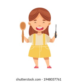 Smiling Girl with Chisel and Carved Spoon Woodworking Vector Illustration