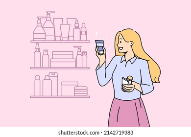 Smiling girl choose beauty product tube from shelf in store. Happy young woman buy cosmetic bottle or perfume from cosmetology store. Skincare and facial treatment. Vector illustration. 