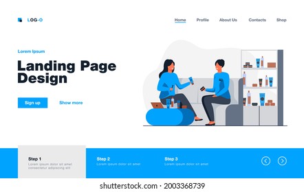 Smiling girl choosing cosmetics and skincare cream. Consultant, client, conversation flat vector illustration. Communication and make-up store concept for banner, website design or landing web page