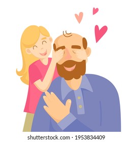 Smiling girl closes her daddy's eyes. Happy Father's Day. Vector illustration isolated on white background