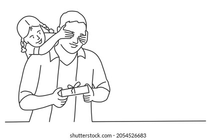 Smiling girl closes her daddy's eyes. Happy Father's Day. Father holding present. Hand drawn vector illustration. Black and white.