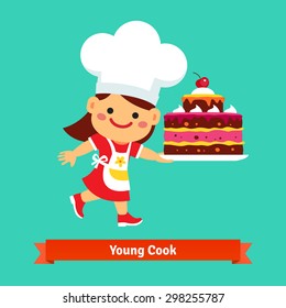 Smiling Girl Cook In Chefs Hat Holding A Big Birthday Cherry Cake That She Cooked Herself. Flat Vector Cartoon Illustration Isolated On Cyan Background.