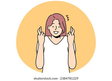 Smiling girl cross fingers make wish. Happy young woman feel hopeful believe in good things, asking for dream come true. Superstition. Vector illustration.