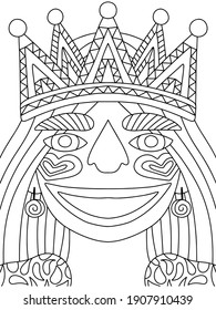 Smiling girl in crown symmetry coloring page for kids and adults vector. Funny cartoon Mardi Gras festival character queen portrait. Stylized happy woman portrait black outline isolated on white