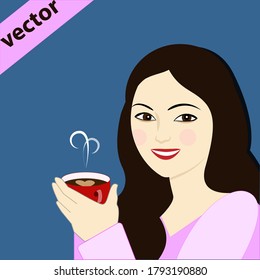 
Smiling girl (№5) with cup of coffee, espresso latte and cappuccino. Style cartoon colorful vector illustration isolated. Collection of woman with hot beverages.